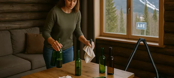 "Person städar efter fest i fjällstuga i Åre – plockar flaskor, torkar bord och dammsuger för snabb och effektiv återställning i naturnära miljö"