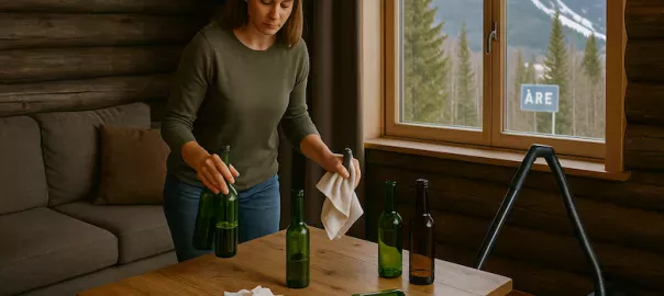 "Person städar efter fest i fjällstuga i Åre – plockar flaskor, torkar bord och dammsuger för snabb och effektiv återställning i naturnära miljö"